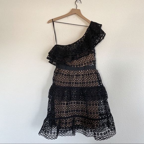 Self-Portrait Black and Tan Asymmetrical Ruffled Mini Dress - Picture 7 of 8